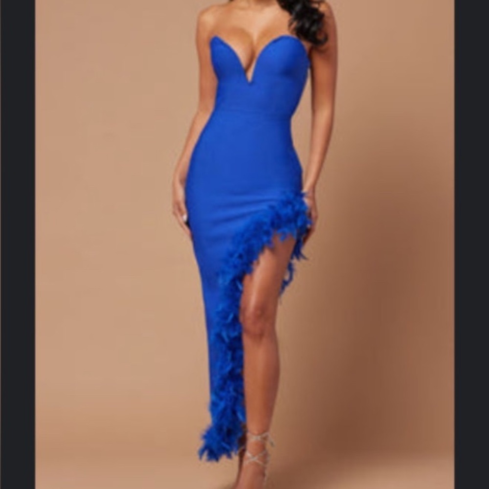 Fashion Nova Royal Blue Strapless Dress with Feather Accents